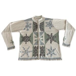 VTG 90s Cotton Patchwork Pastel Snowflake Zip Cardigan COZY Ski‎ Lodge Sweater M